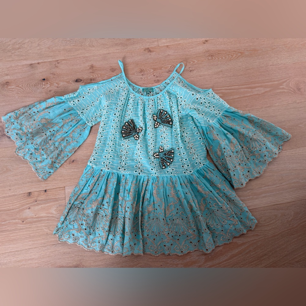 Antica Sartoria Embellished cold shoulder Turquoise Eyelet Boho Top/Tunic